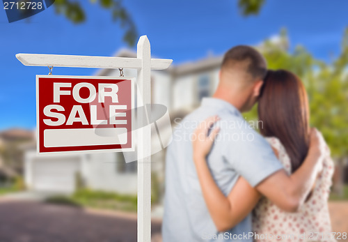 Image of For Sale Real Estate Sign, Military Couple Looking at House