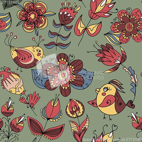 Image of Seamless texture with flowers and birds