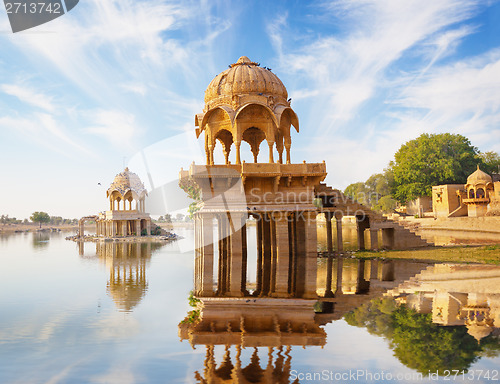 Image of Indian landmarks - Gadi Sagar temple on Gadisar lake -  Jaisalme