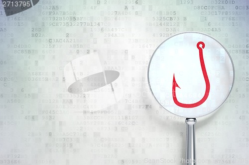 Image of Protection concept:  Fishing Hook with optical glass on digital background