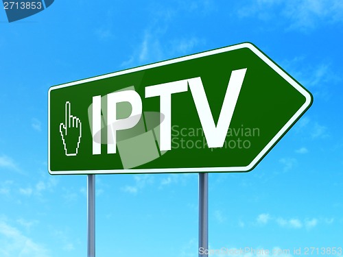 Image of Web development concept: IPTV and Mouse Cursor on road sign background