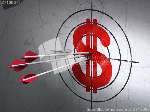 Image of Currency concept: arrows in Dollar target on wall background