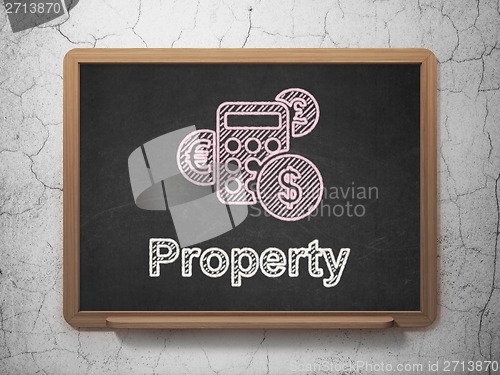 Image of Finance concept: Calculator and Property on chalkboard background