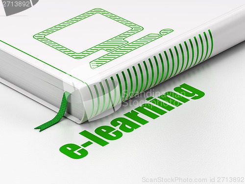 Image of Education concept: book Computer Pc, E-learning on white background