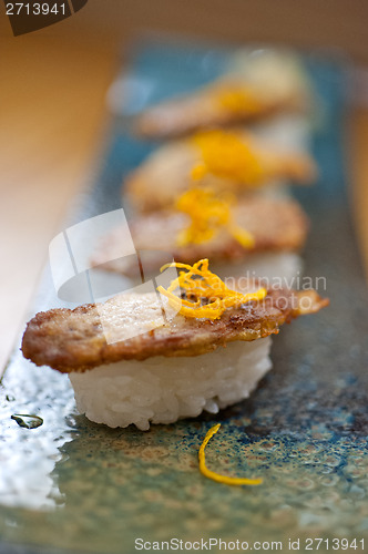 Image of Japanese style sushi fried goose liver