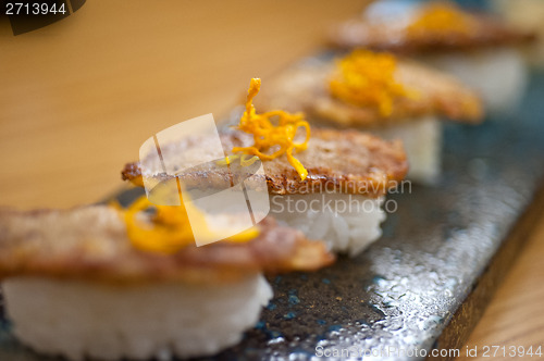 Image of Japanese style sushi fried goose liver