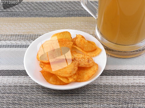 Image of Mug of Fresh Beer and plate with Pile potato chips