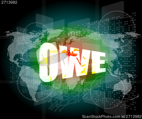 Image of business concept: word owe on digital screen