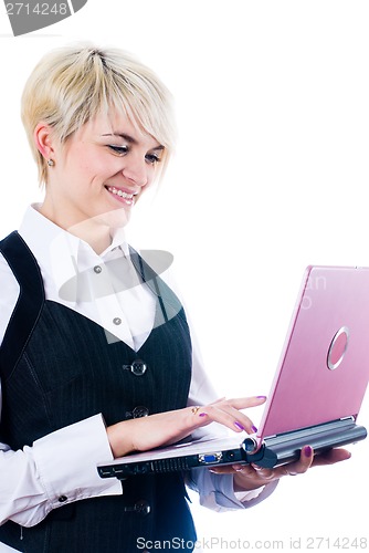 Image of Young attractive woman with laptop