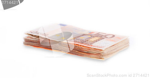 Image of Stack of 50 euro bills, selective focus