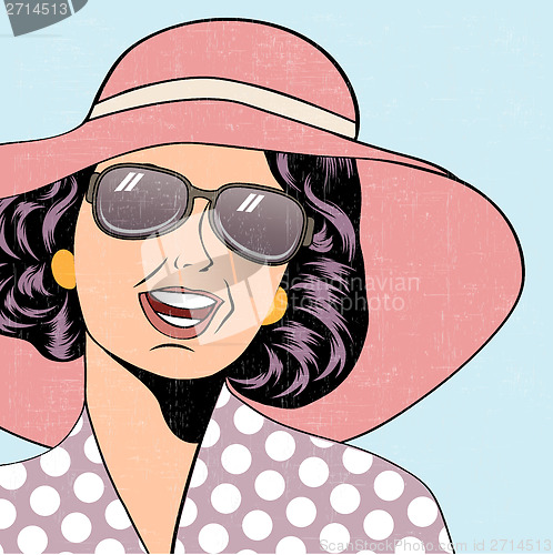 Image of popart retro woman with sun hat in comics style, summer illustra