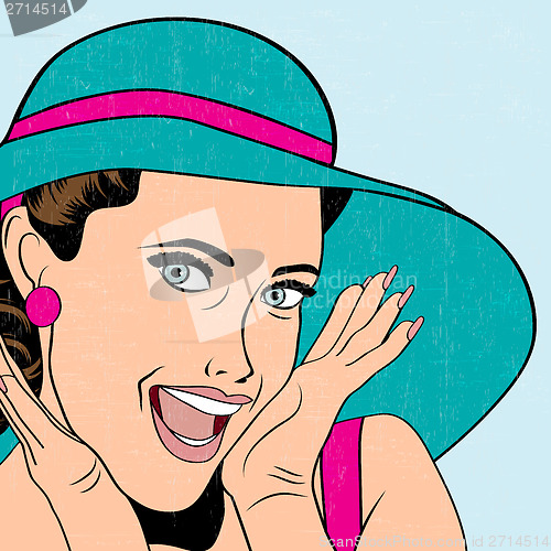 Image of popart retro woman with sun hat in comics style, summer illustra