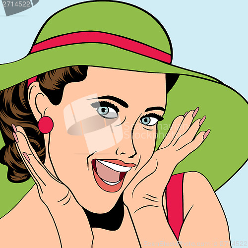 Image of popart retro woman with sun hat in comics style, summer illustra