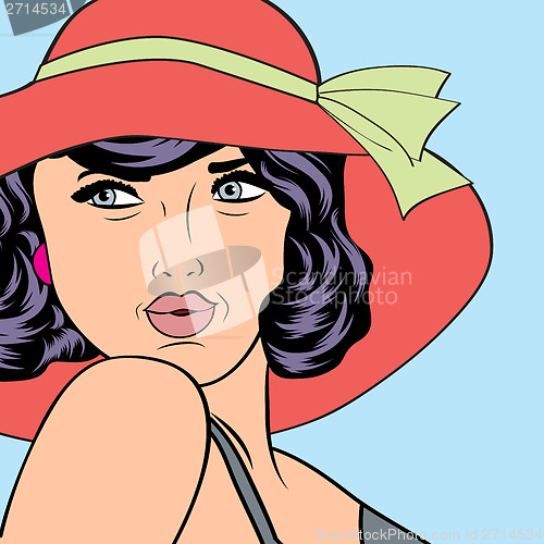 Image of popart retro woman with sun hat in comics style, summer illustra