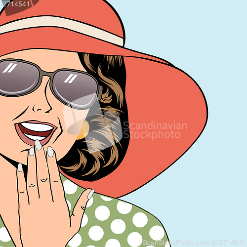 Image of popart retro woman with sun hat in comics style, summer illustra