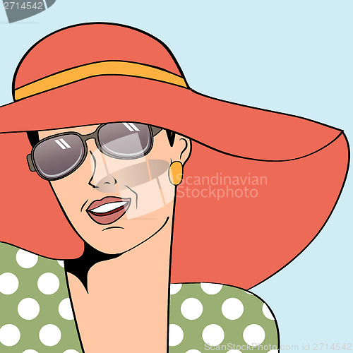 Image of popart retro woman with sun hat in comics style, summer illustra