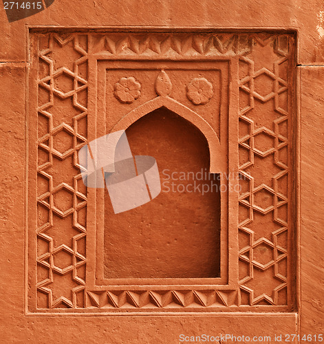 Image of Decorative element - window on wall of an ancient palace. India,