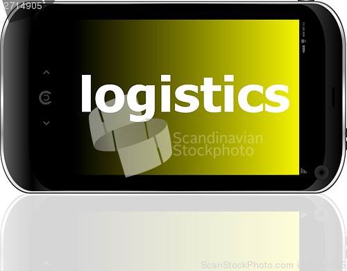 Image of smartphone with word logistics on display, business concept