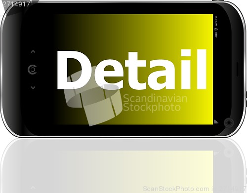 Image of Marketing concept: smartphone with text detail on display. Mobile smart phone on White background