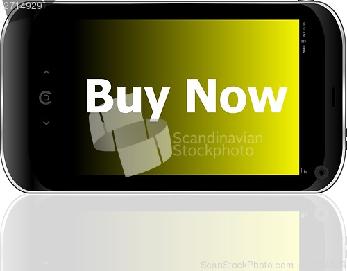 Image of smartphone with word buy now on display, business concept
