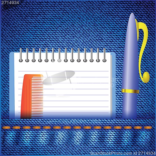 Image of pen and notepad on a jeans background