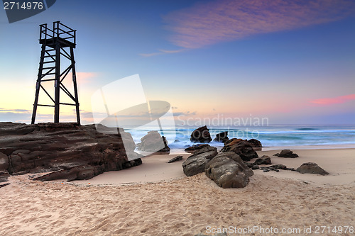 Image of Shark Watch Tower and jagged rocks  Australia