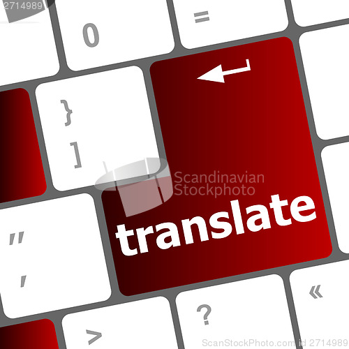 Image of Multilingual translation on-line concept. Close up of multi language keyboard and translate word key