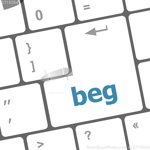 Image of beg word on keyboard key, notebook computer button