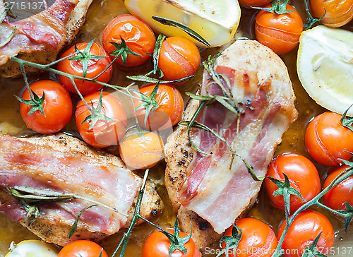 Image of Vegetables and chicken in pan baked in oven