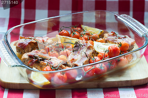 Image of Vegetables and chicken in pan baked in oven