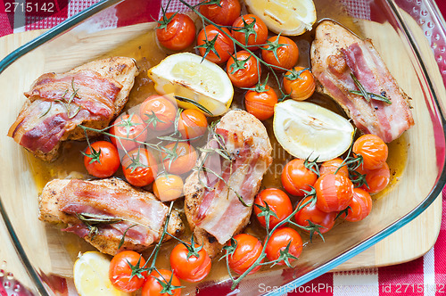 Image of Vegetables and chicken in pan baked in oven