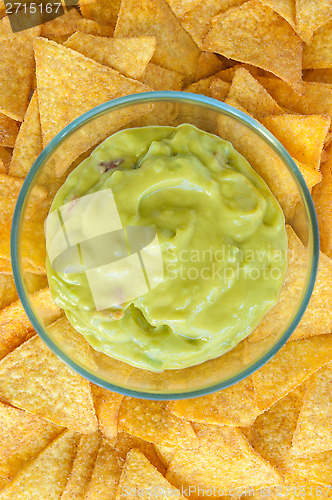 Image of Nacho chips with fresh guacamole dip
