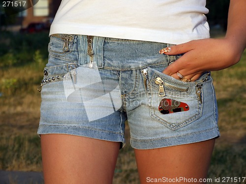 Image of Girl In Blue Jeans Short Shorts. big picture. 2