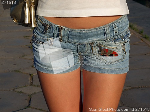 Image of Girl In Blue Jeans Short Shorts. big picture.