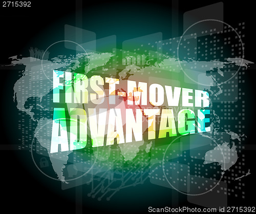 Image of first mover advantage words on digital touch screen interface