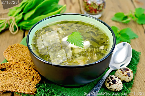 Image of Soup green sorrel and nettles with a spoon on board