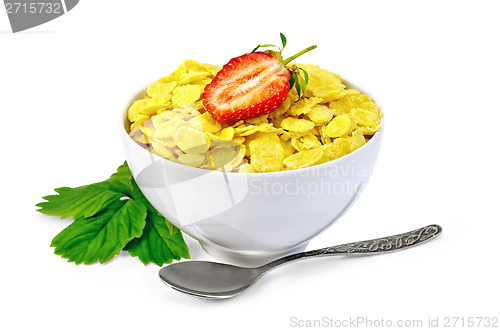 Image of Cornflakes in a white bowl with strawberries