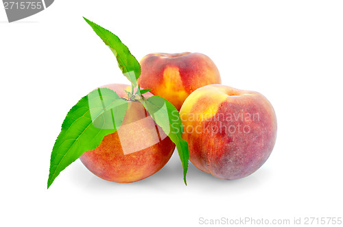 Image of Peaches whole with green leaves