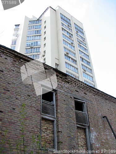 Image of Old house against modern office buildings, Kiev, Ukraine