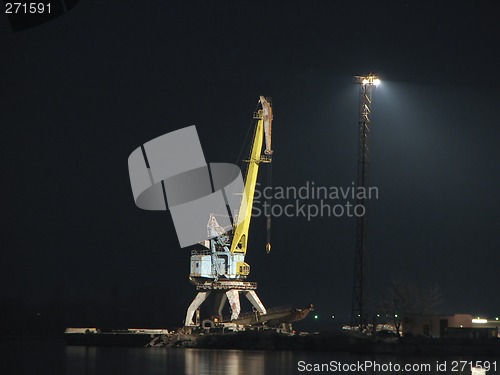 Image of Port crane on the bank of the Dnieper night, Ukraine, Zaporozhye