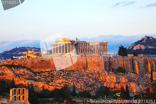 Image of Acropolis in Athens, Greece in the evening