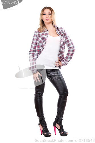 Image of Sexy blonde wearing checked shirt