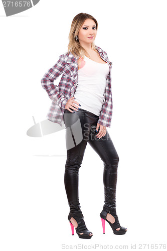 Image of Alluring blonde wearing checked shirt