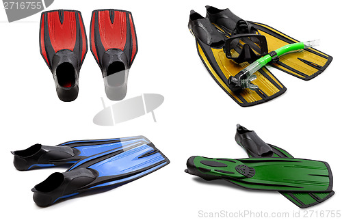 Image of Set of multicolored swim fins, mask, snorkel for diving with wat