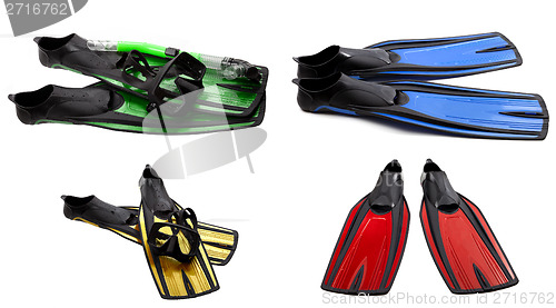 Image of Set of multicolored swim fins, masks and snorkel for diving