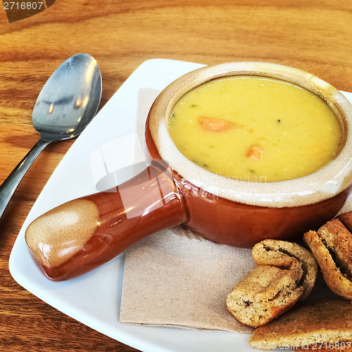 Image of Lentil soup in a vegan restaurant