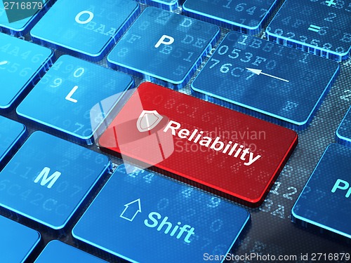 Image of Business concept: Shield and Reliability on computer keyboard background