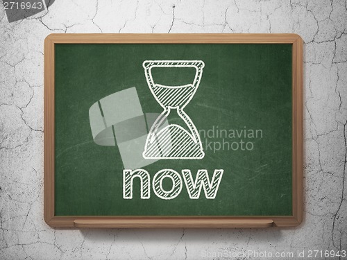Image of Time concept: Hourglass and Now on chalkboard background