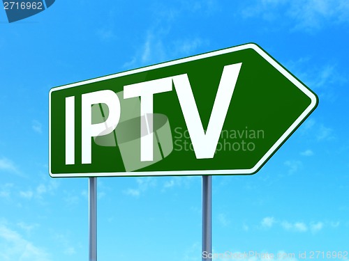 Image of Web design concept: IPTV on road sign background