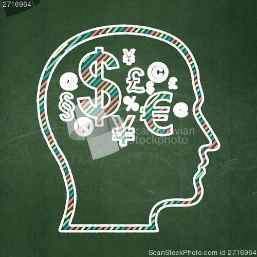 Image of Advertising concept: Head With Finance Symbol on chalkboard background